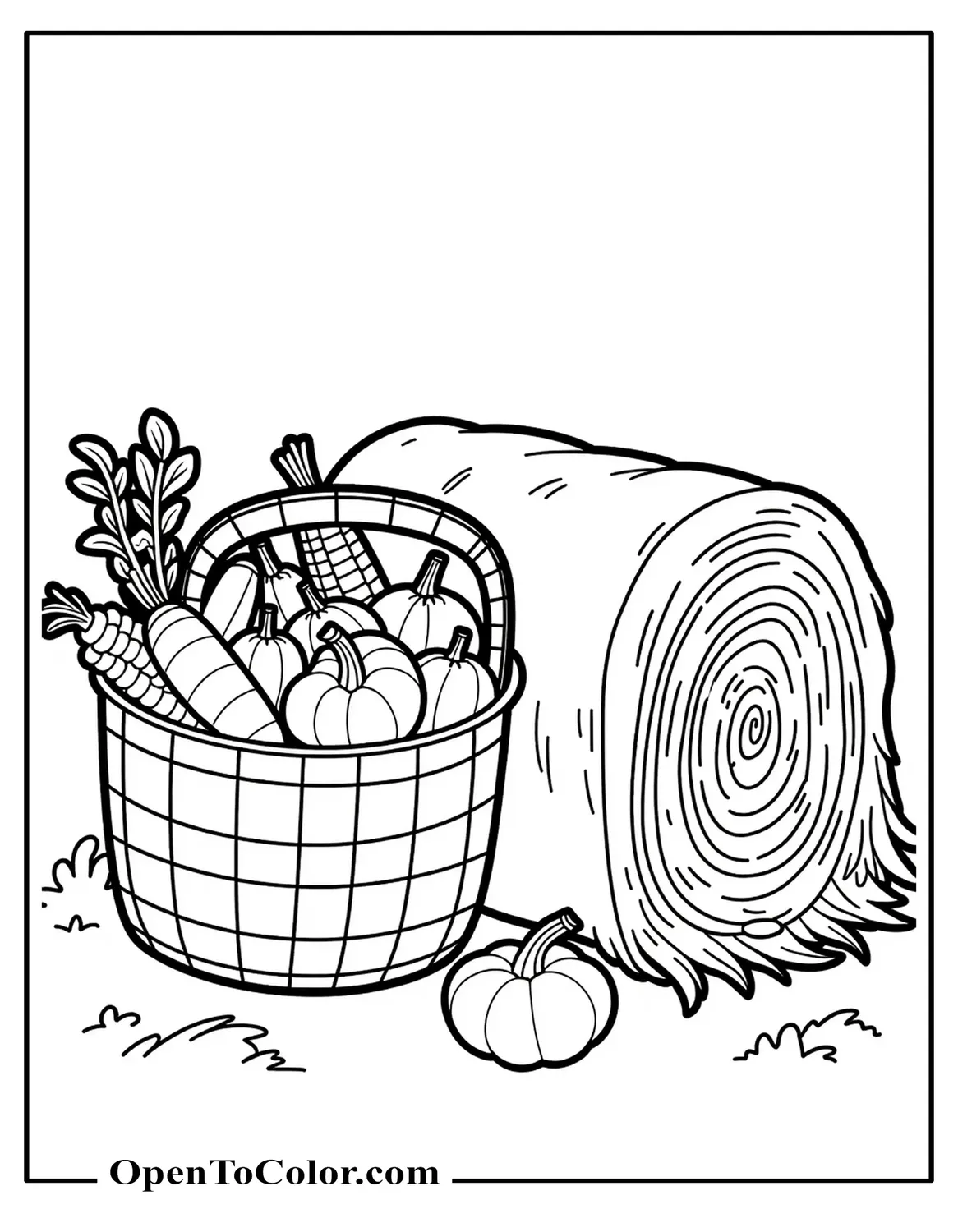 Coloring page PDF of a basket overflowing with carrots, squash, and corn cobs beside a hay bale.