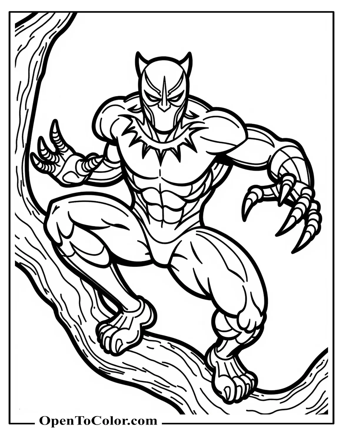 Free Marvel Avenger Black Panther Coloring Page Crouched on Tree Branch Claws Extended Toward Viewer