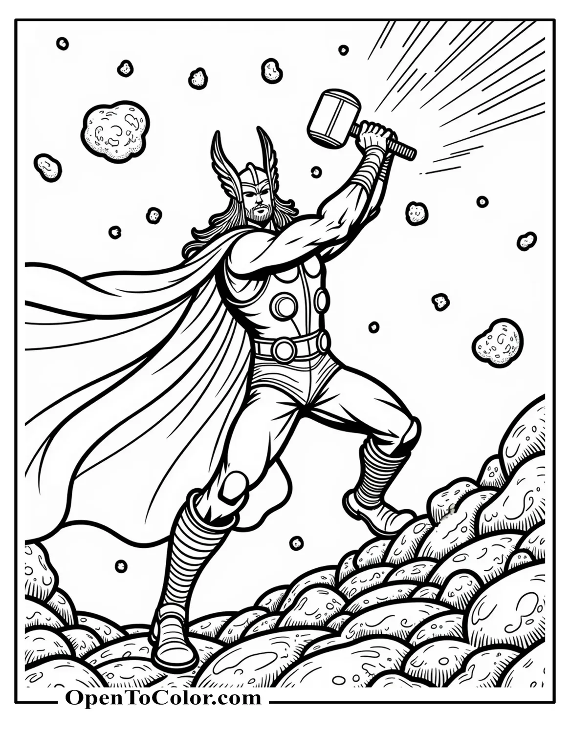 Free Marvel Avenger Thor Coloring Sheet Swinging Lightning-Charged Hammer Amid Cosmic Asteroid Field (Infinity War)