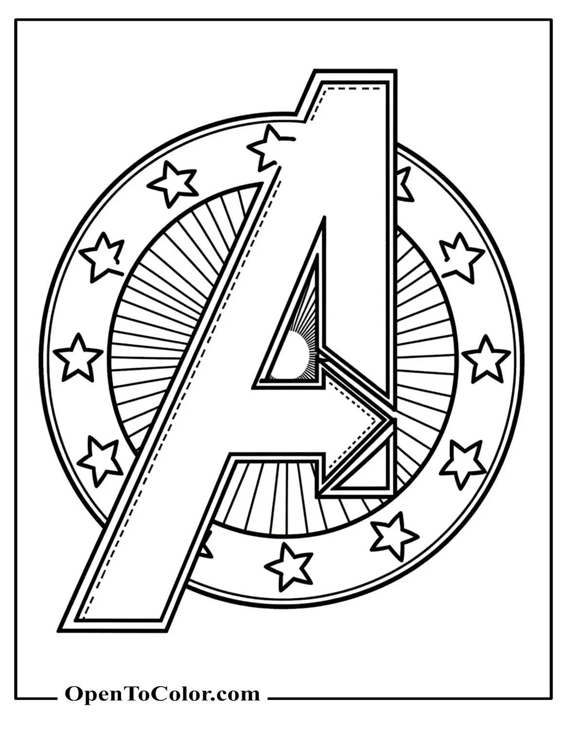 Bold Circular Marvel Avengers Logo Coloring Page Ringed By Radiating Stars And Speed Lines PDF