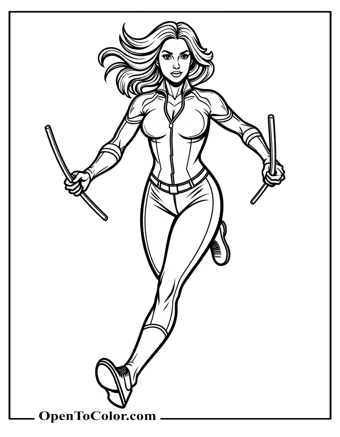 Marvel Avenger Black Widow Sprinting Forward Twirling Dual Batons Superhero Stance Coloring Page PDF