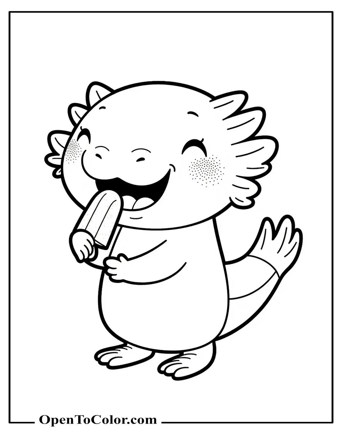 Axolotl Licking A Melon Popsicle Happily Coloring Sheet PDF