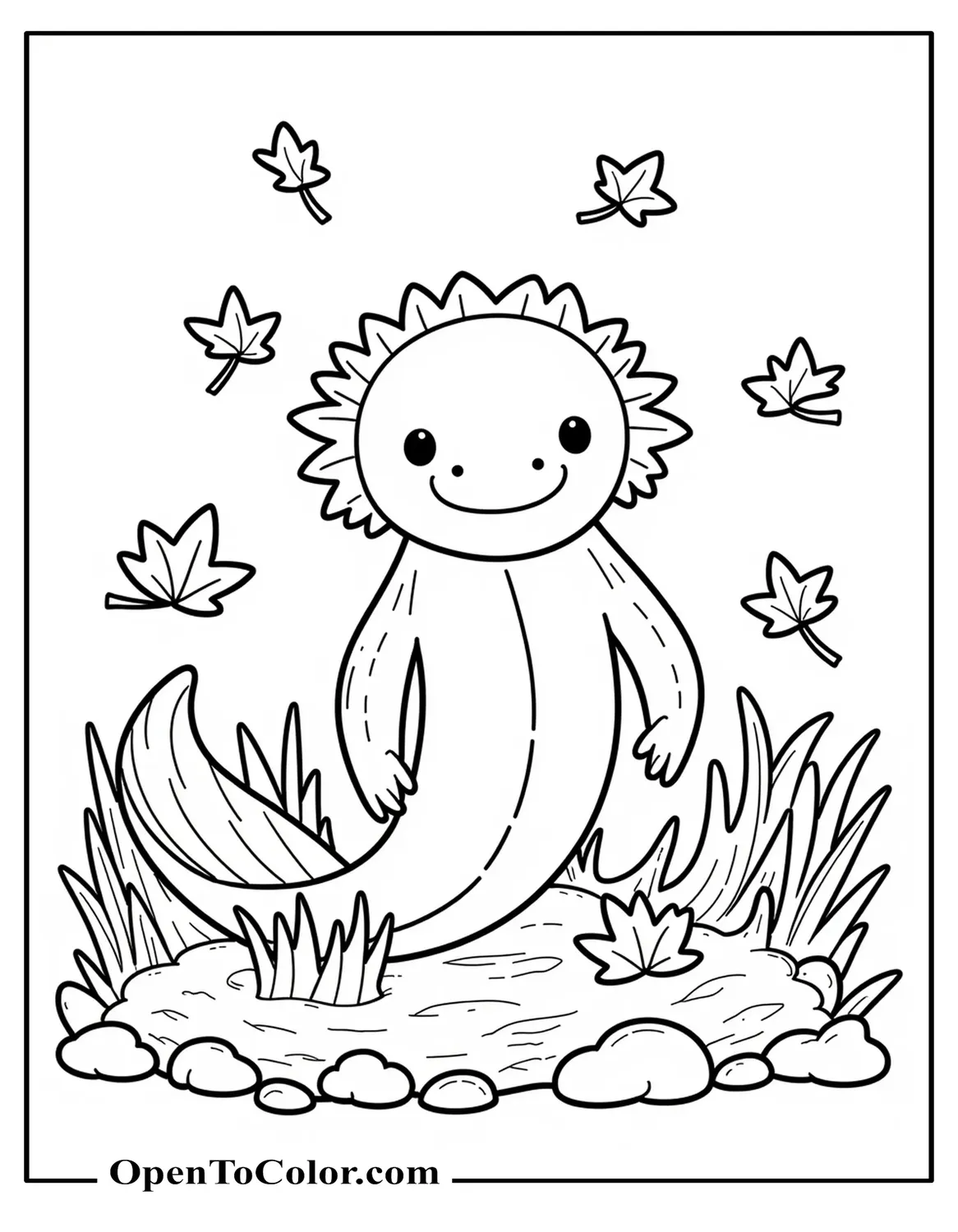 Printable Coloring Page: Autumn Scene Axolotl Among Falling Maple Leaves