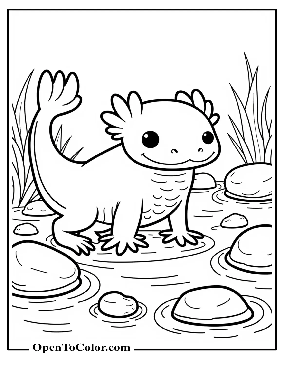 Axolotl Coloring Page PDF Standing on a Riverbed Among Smooth Pebbles