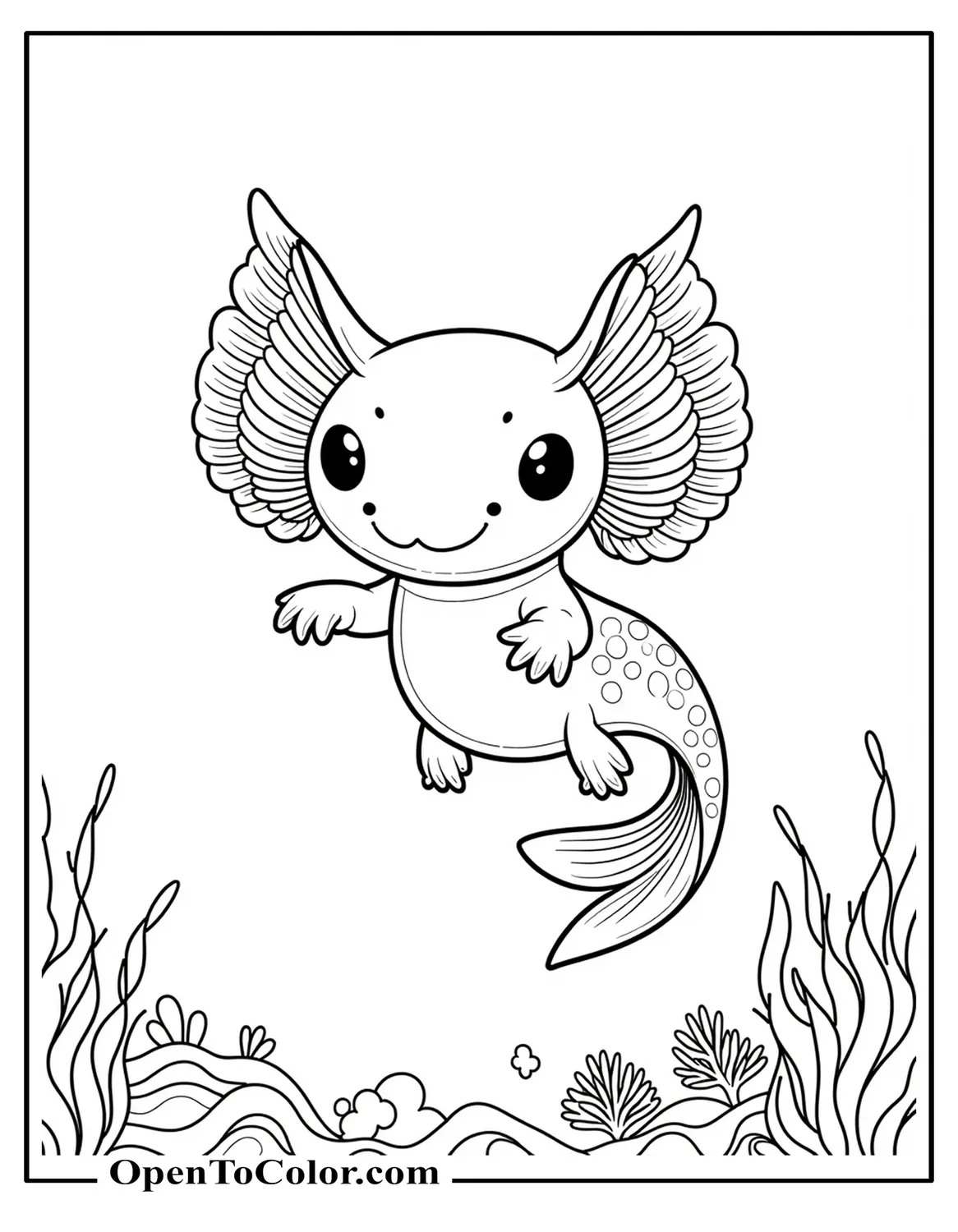 Tiny slim axolotl swimming in a huge detailed underwater world, printable coloring sheet.