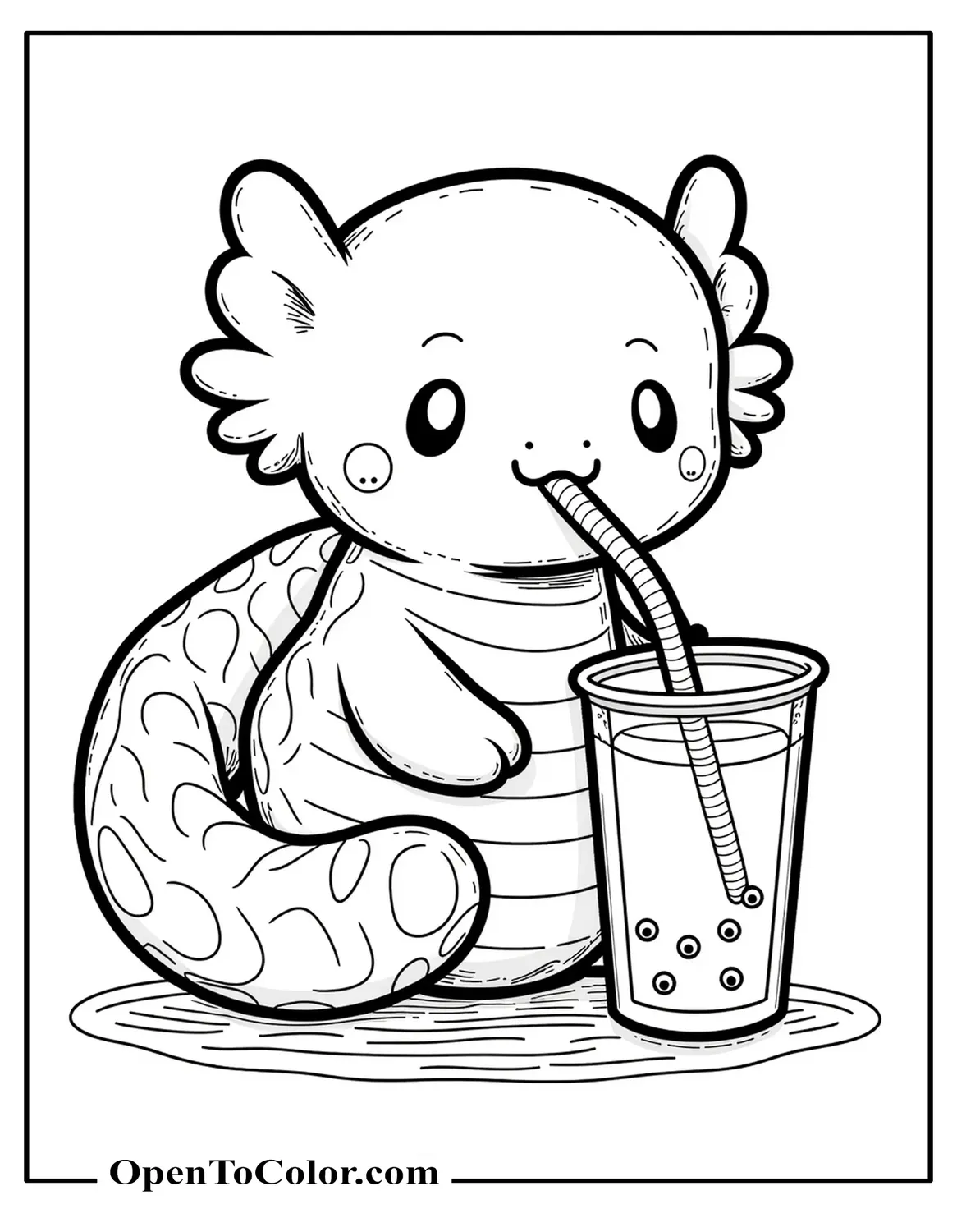 Axolotl Drinking Boba Tea Through A Curly Straw Coloring Page PDF