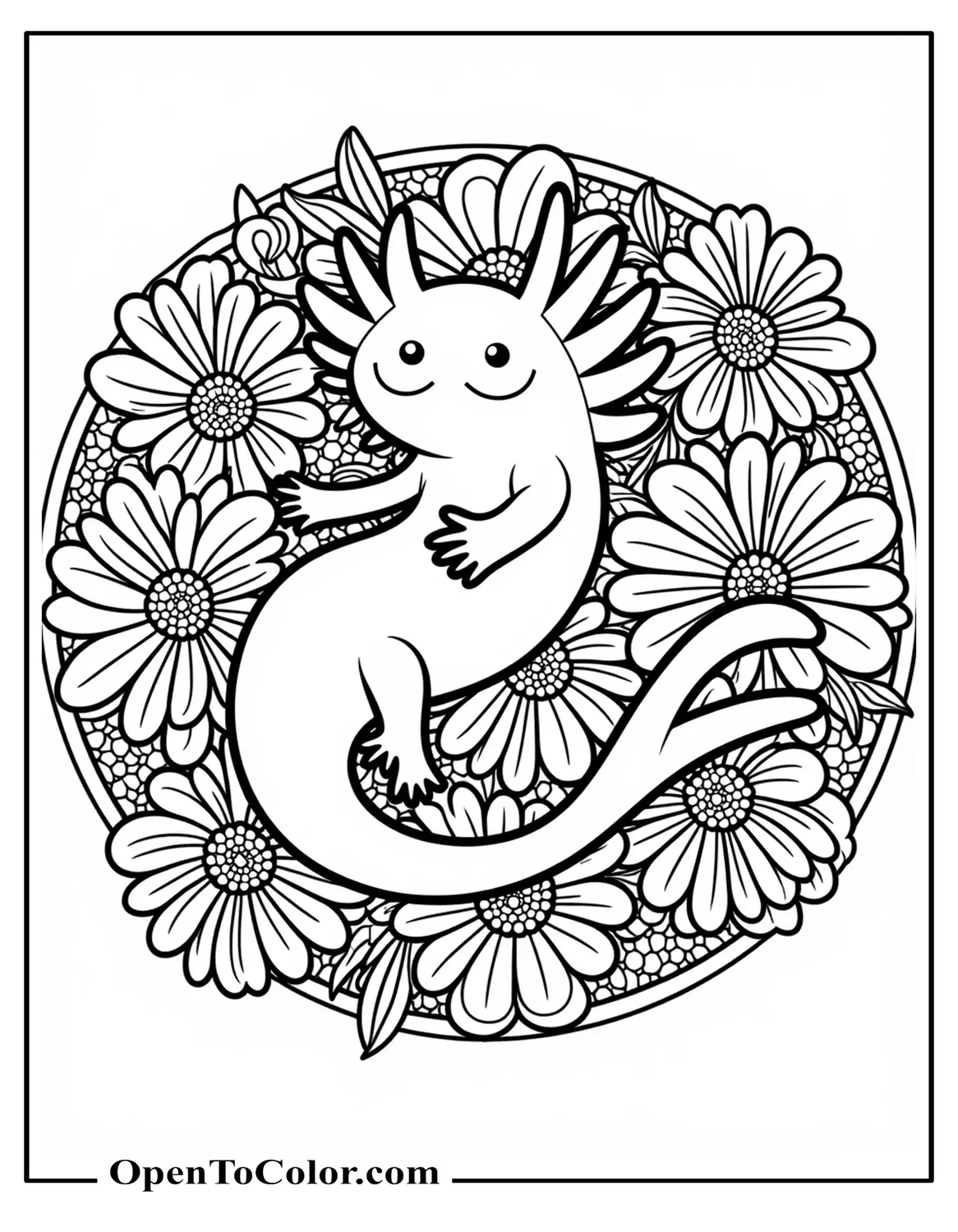 Printable Coloring Sheet of an Axolotl Centered Inside a Floral Mandala, Highly Detailed