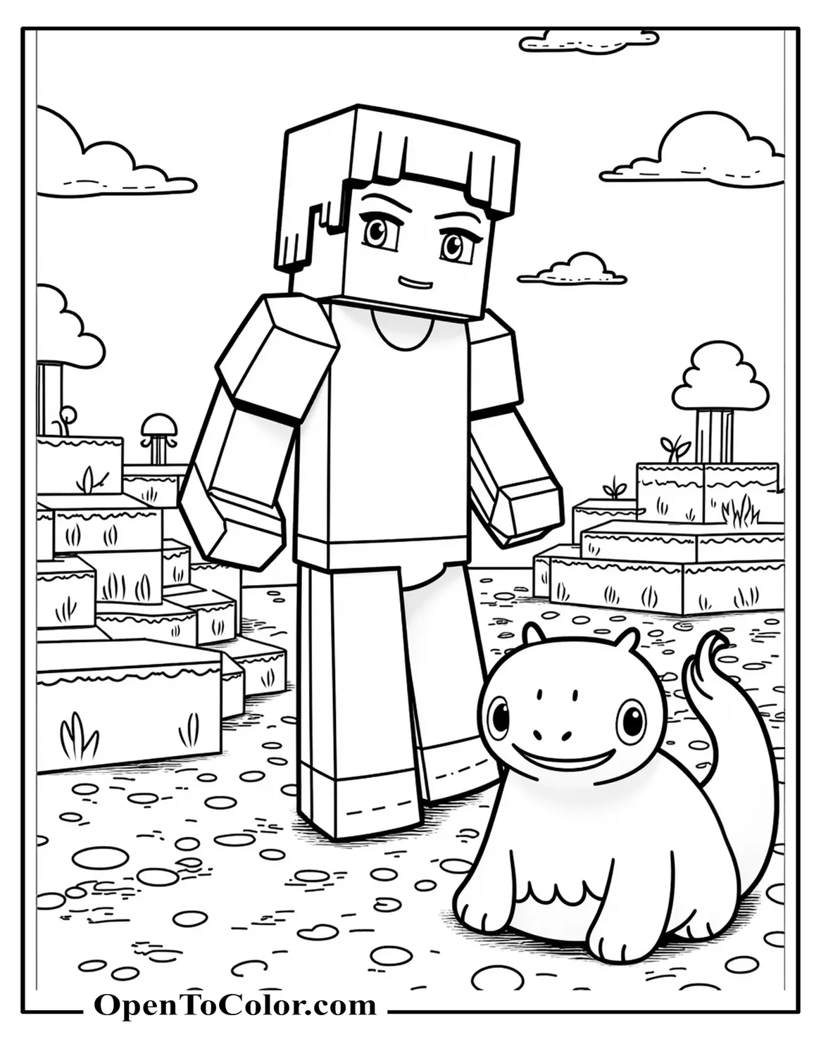 A Minecraft video game's blocky style scene with an axolotl in it, coloring page PDF.