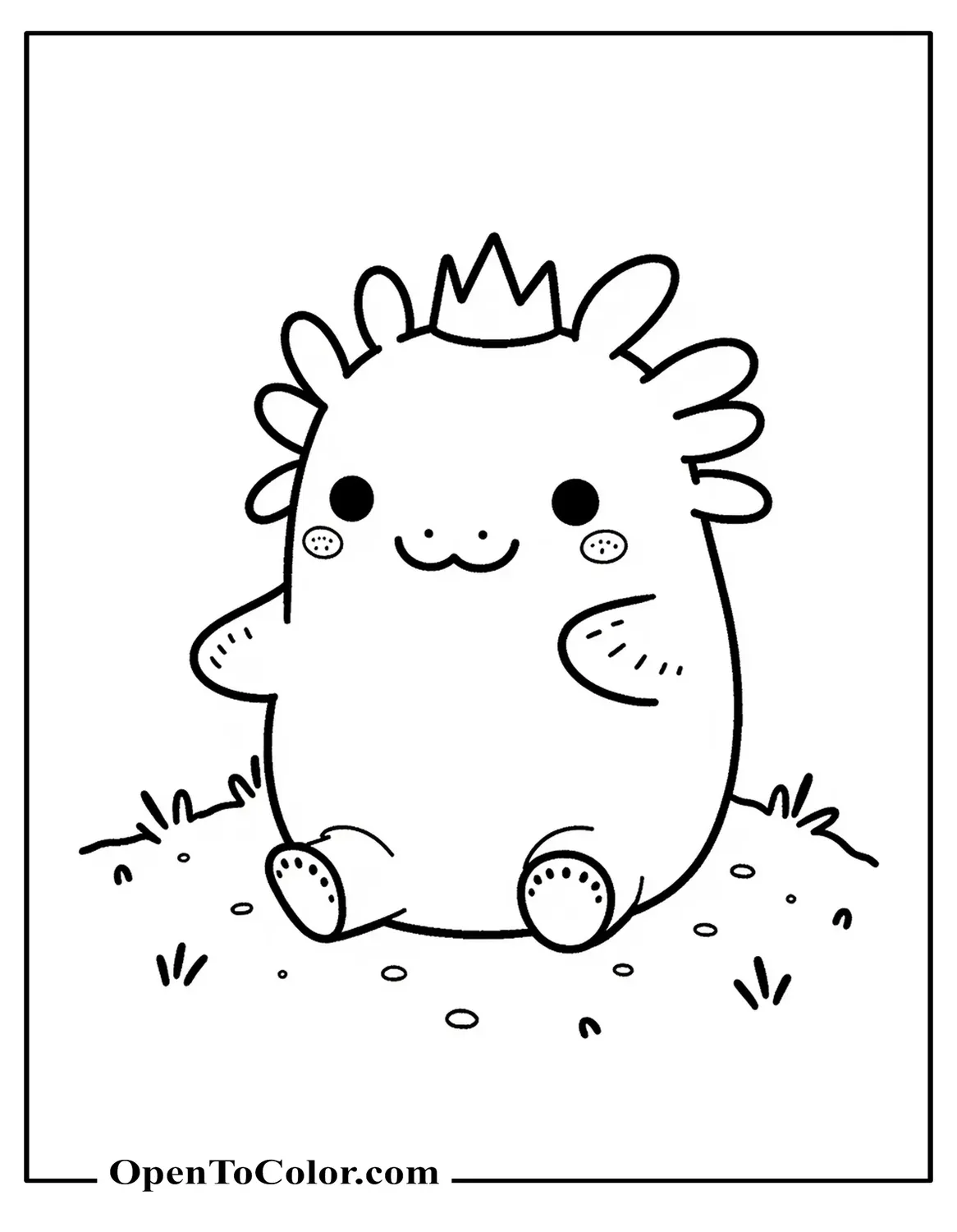 Free Coloring Sheet of Squishmallow Plush Axolotl with Stitched Gills and a Tiny Crown