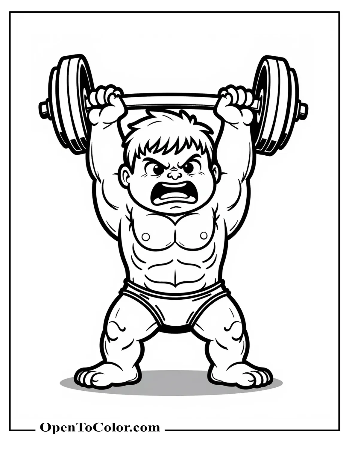 Funny Chibi Small Hulk In Diaper Lifting An Oversized Dumbbell Over His Head Printable Coloring Sheet