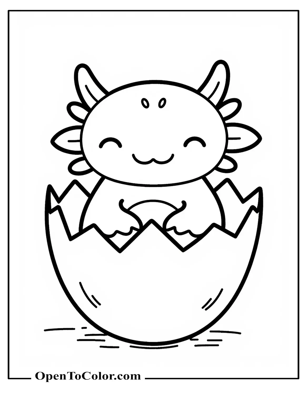 Printable Coloring Page of Baby Axolotl Curled Inside an Eggshell Smiling Softly