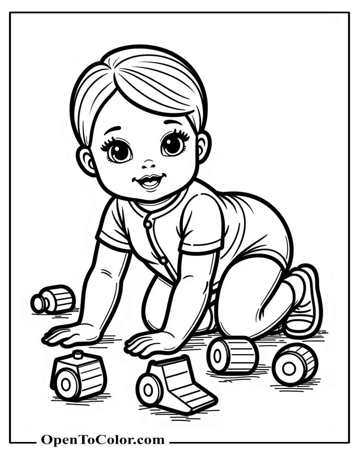 Baby Barbie Crawling On The Floor In Onesie With Toys Around Coloring Sheet PDF