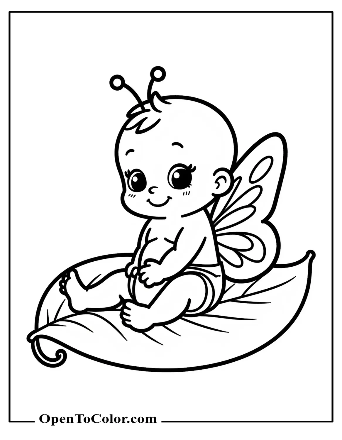 Baby Butterfly In A Diaper Sitting On A Curled Leaf Coloring Sheet PDF