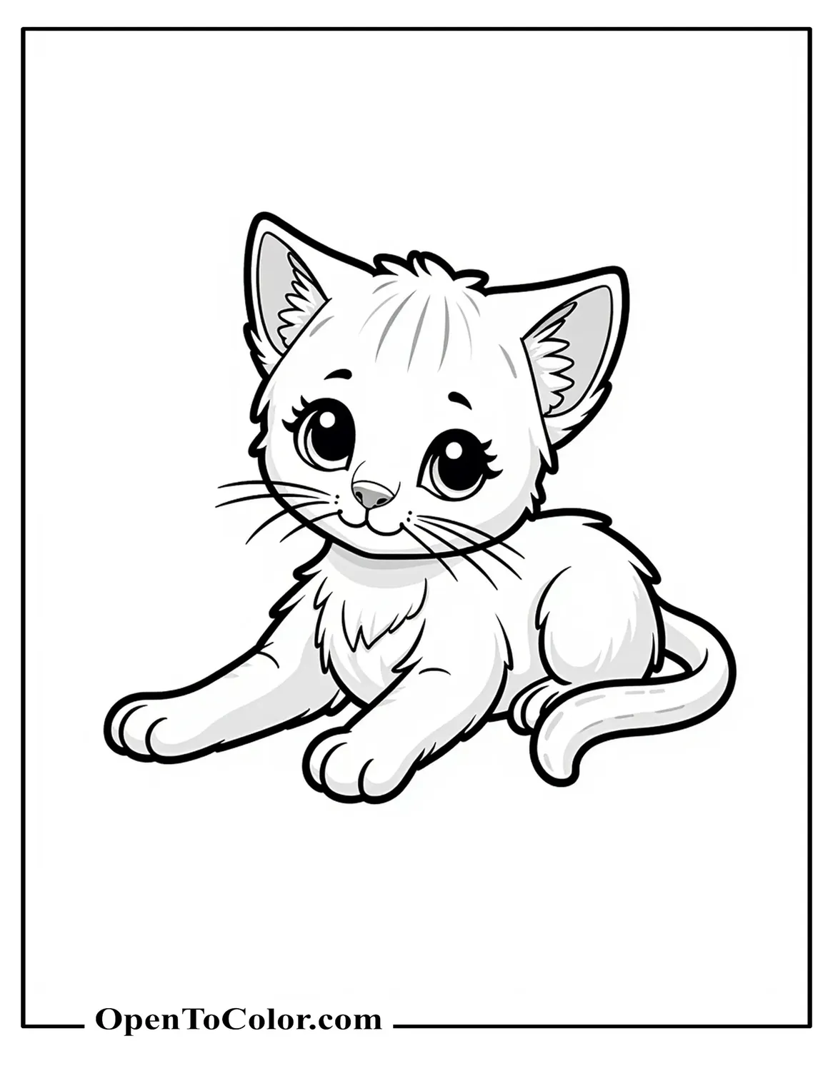 Printable Coloring Page of Baby Cat with Short Legs and Oversized Ears Lying Down
