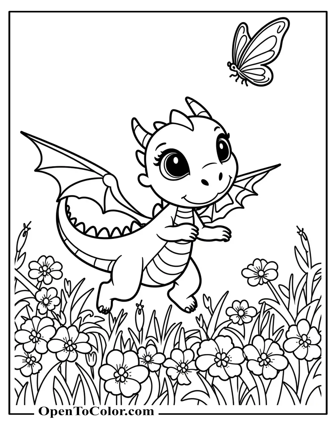 Free Coloring Page: Baby Dragon Chasing Butterfly Across Flower Field