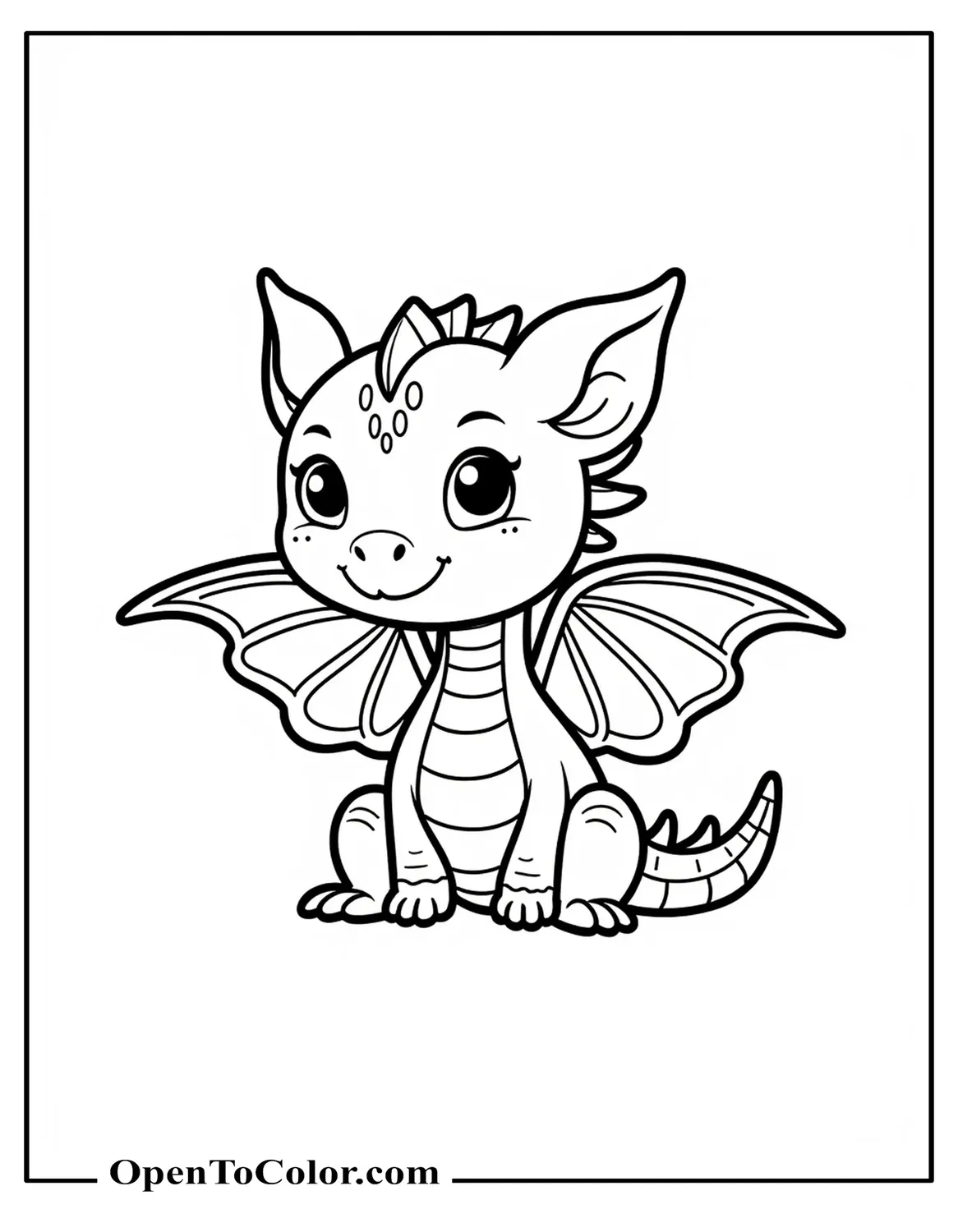 Printable Coloring Sheet of Baby Dragon Seated Proudly, Butterfly Wings Spread Wide