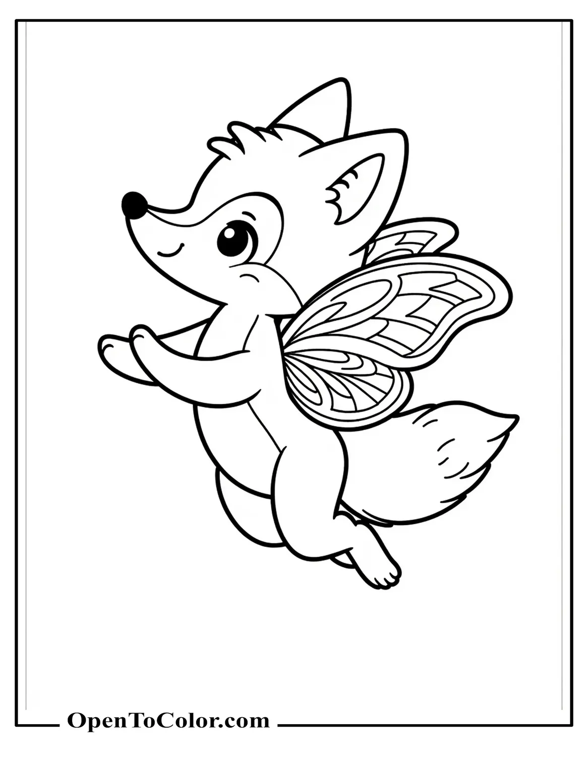 Printable Coloring Page of Baby Fox Wearing Butterfly Wings and Leaping Playfully
