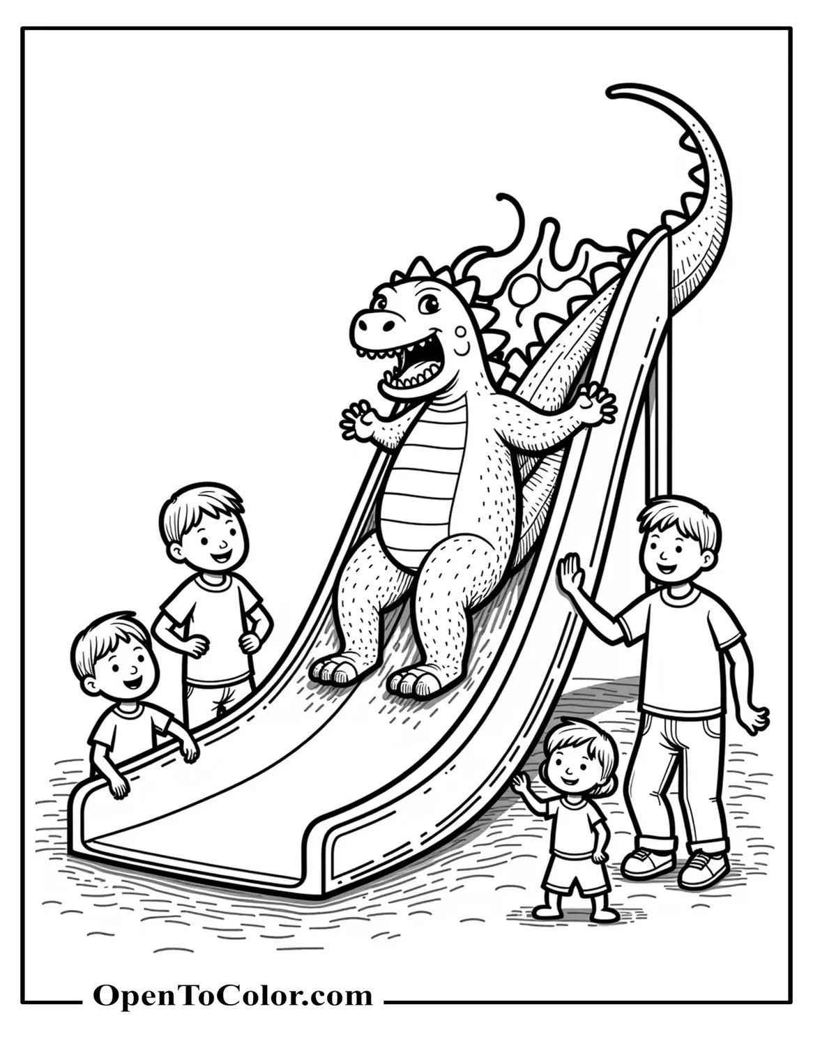 Baby Godzilla Sliding Down A Tail-Made Slide While Children Cheer, Coloring Page PDF