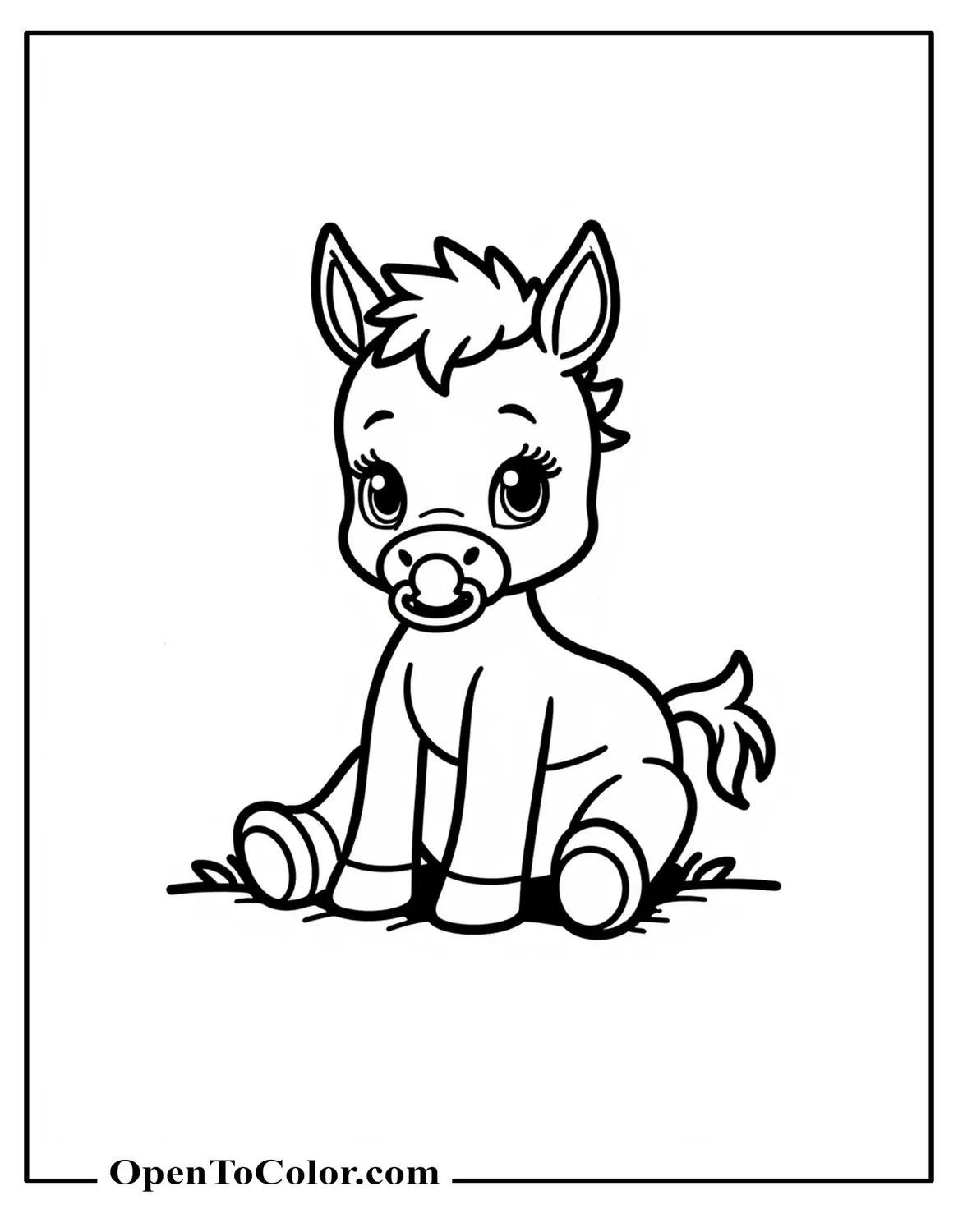 Coloring Page PDF of Baby Foal Sitting with Oversized Hooves and Pacifier