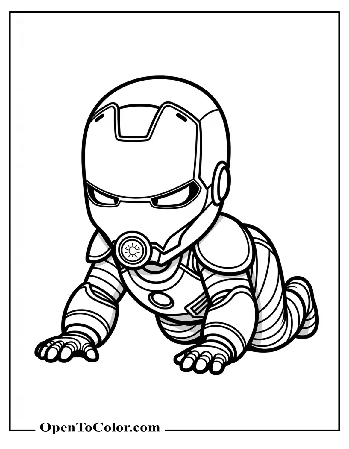 Free Coloring Page of Baby Iron Man Crawling with Oversized Helmet and Pacifier Reactor