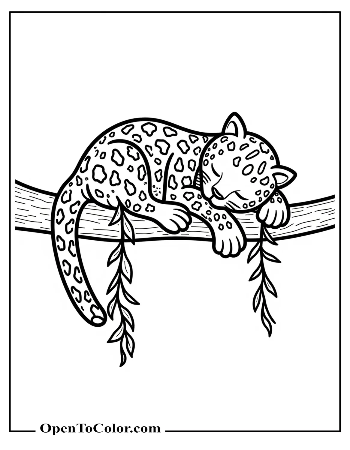 Baby Jaguar Sleeping Curled On A Branch With Dangling Vine Coloring Page PDF
