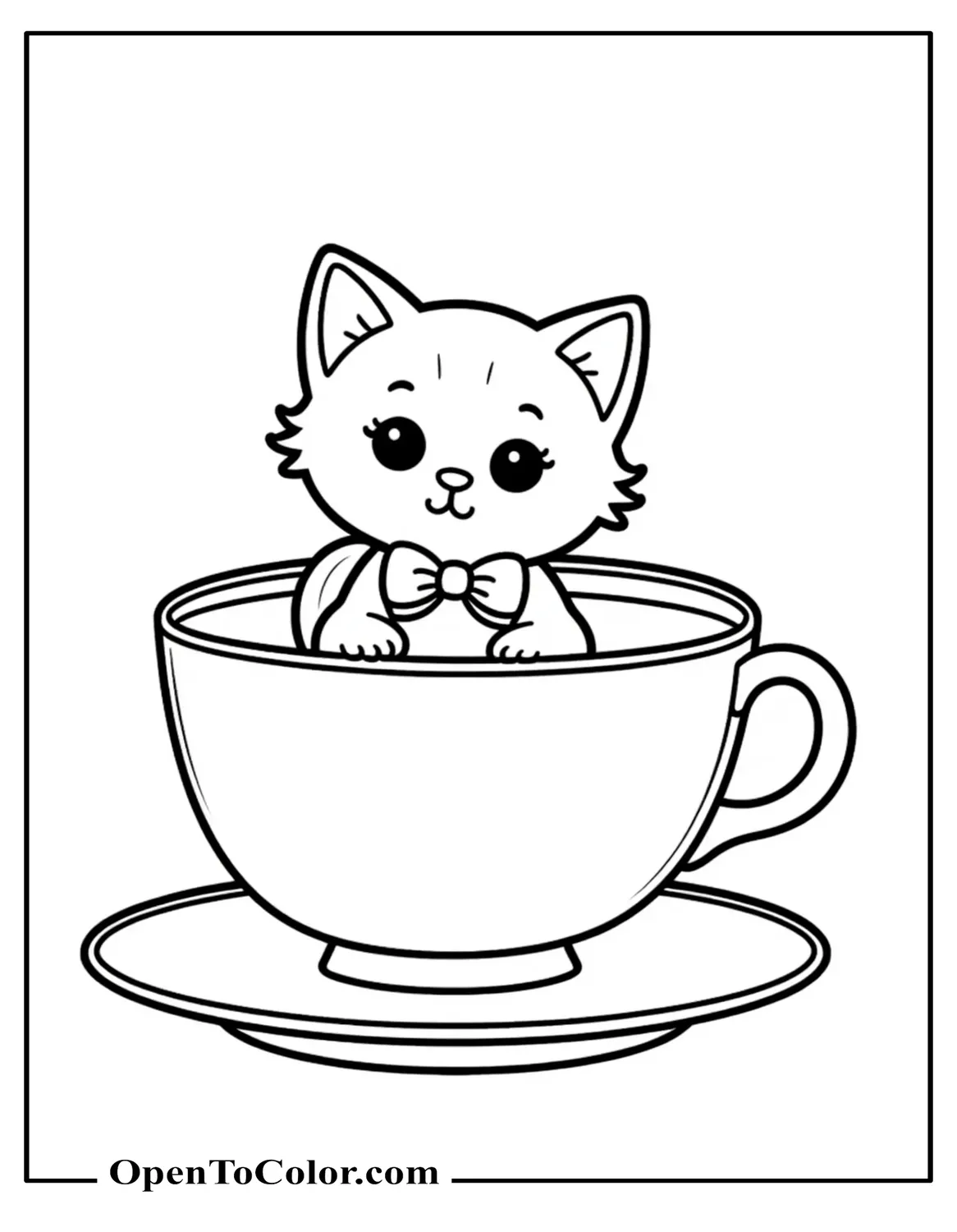 Free Coloring Sheet of Tiny Kitten Sitting Inside a Teacup with a Bow