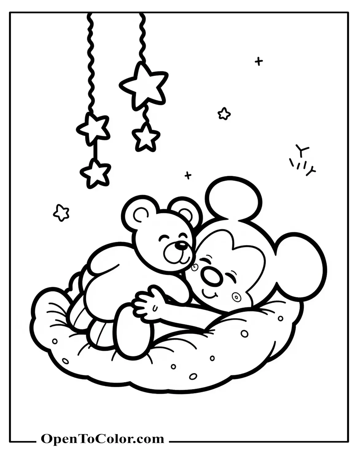 Free Coloring Sheet of Baby Mickey Mouse Napping with a Teddy Bear Under a Star Mobile, Kawaii Nursery Style