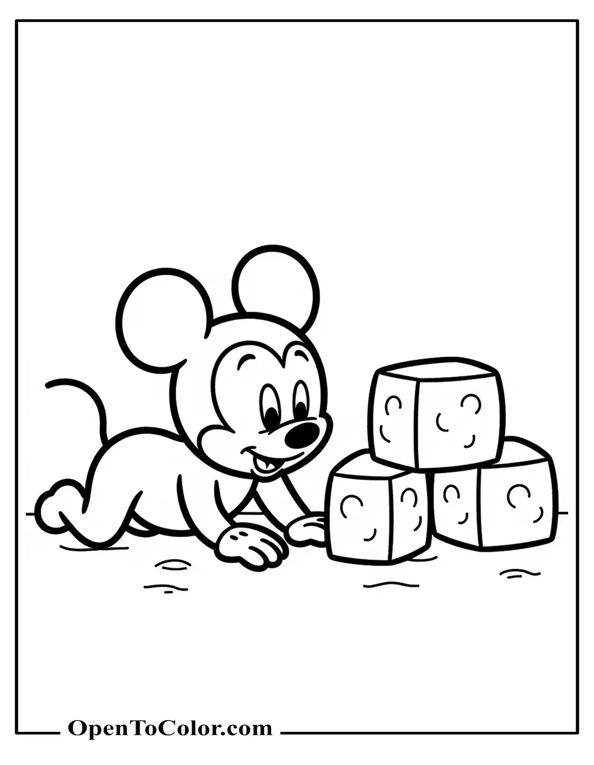 Baby Mickey Mouse Crawling Toward Toy Building Blocks, Rounded Chibi Style, Printable Coloring Page