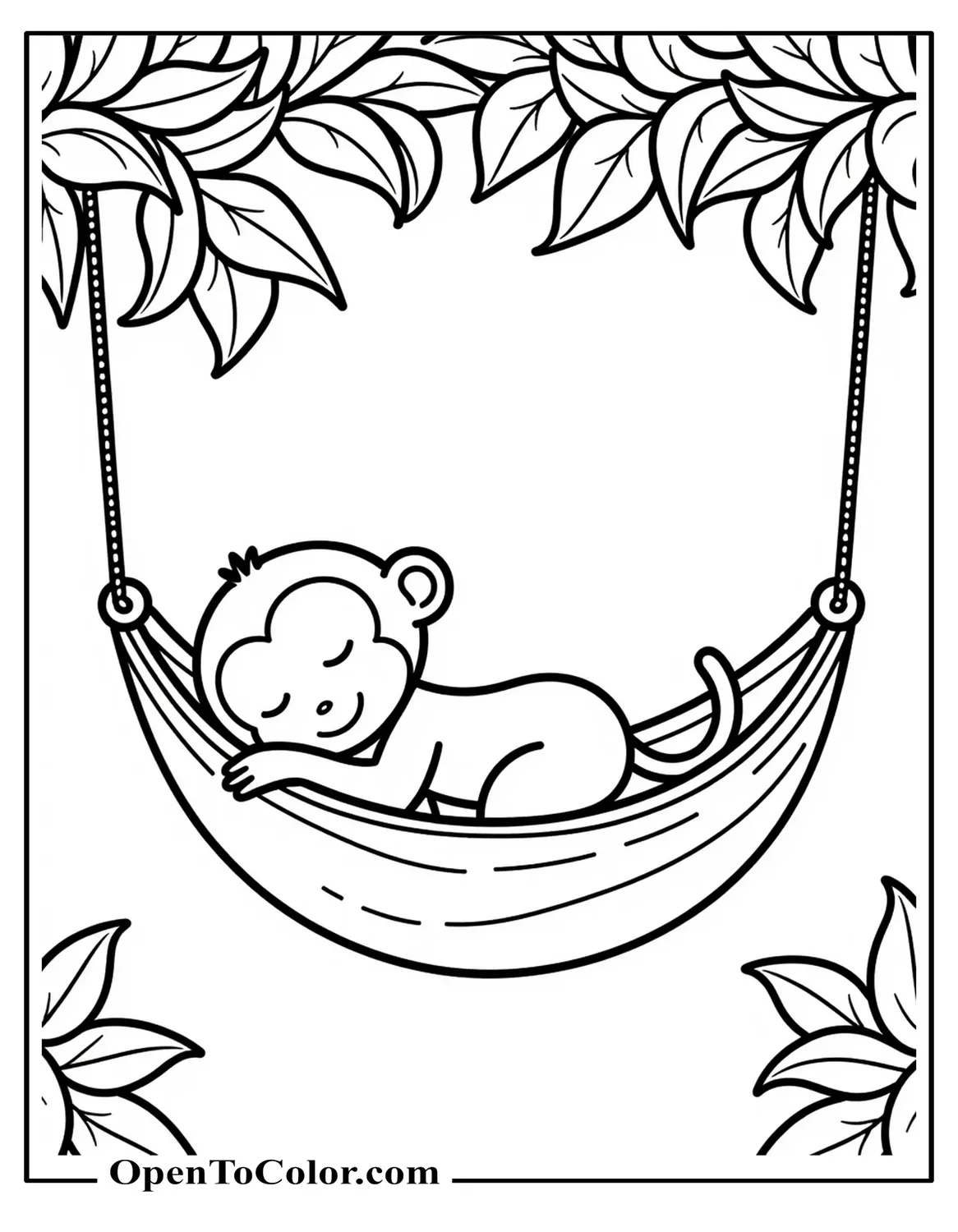 Printable Coloring Page of Baby Monkey Sleeping in Vine Hammock Under Leaves