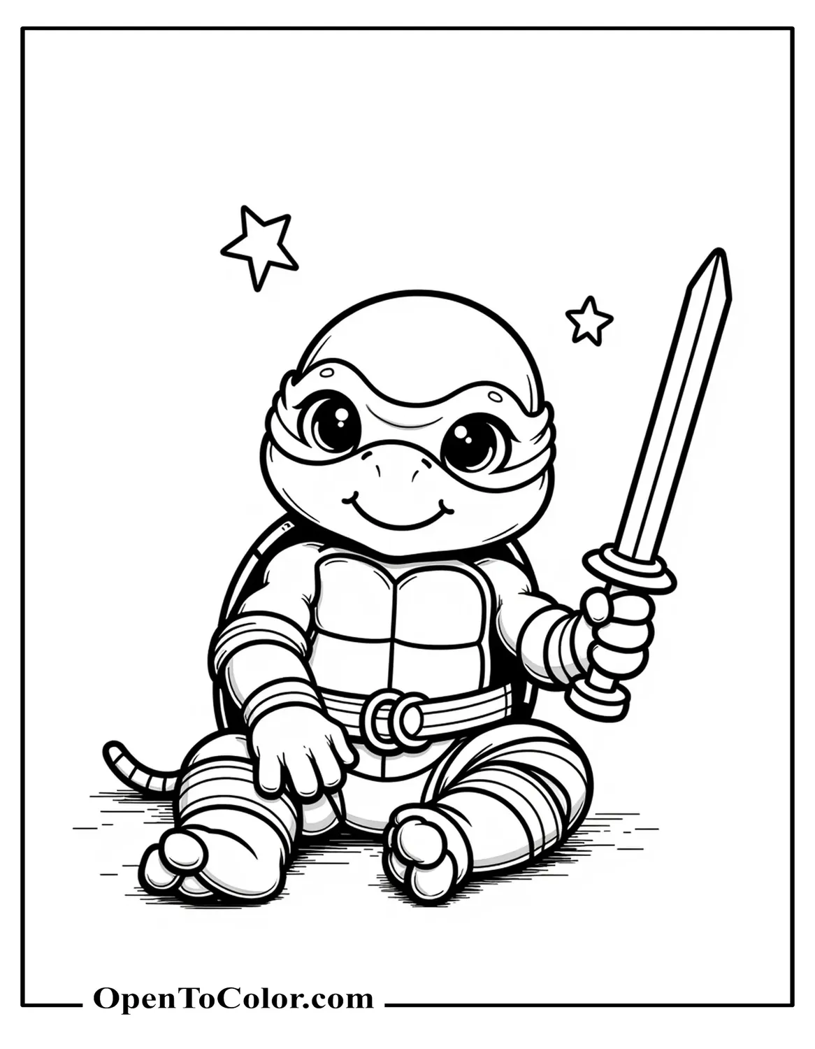 Printable Coloring Sheet of Baby Ninja Turtle Leonardo Sitting in Diaper Holding Mini Katana Toy, Stars Overhead