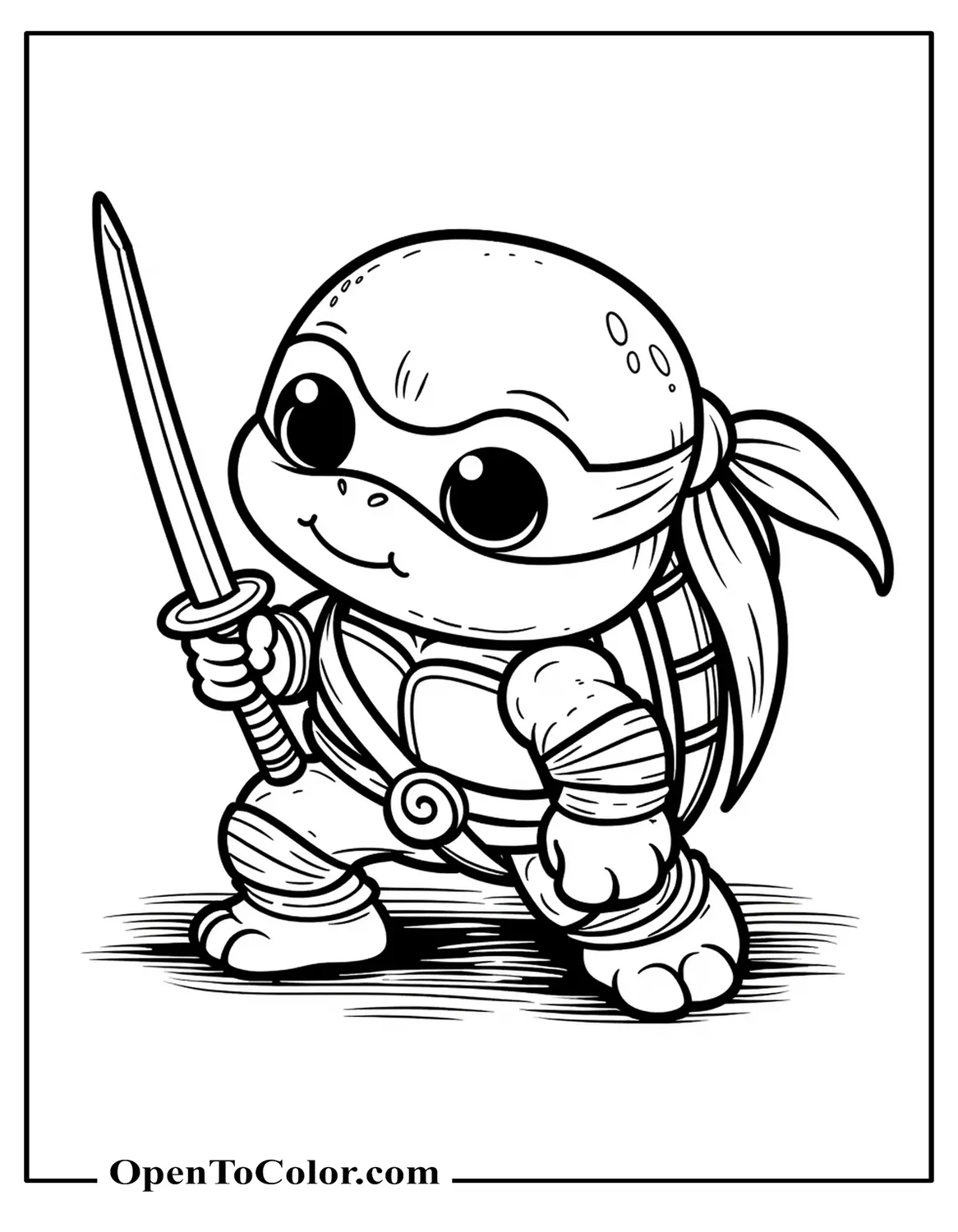 Printable Coloring Page of Baby Ninja Turtle Raphael Crawling With Tiny Sai Toys, Chibi Proportions