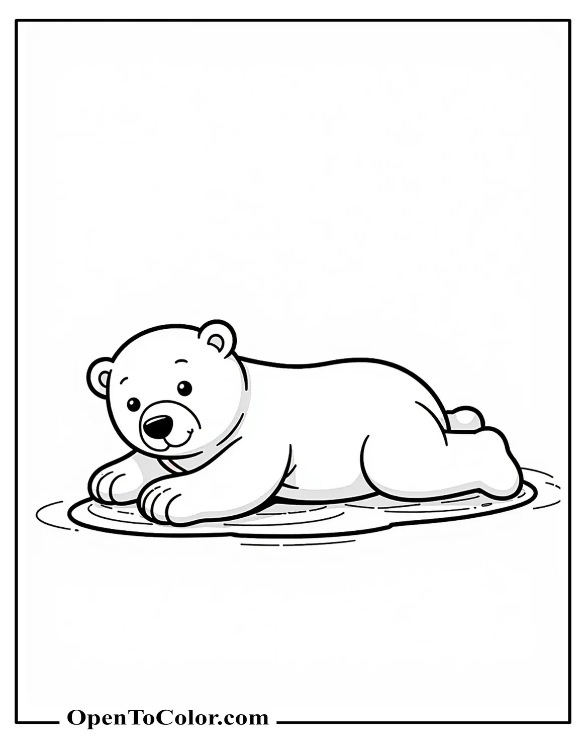 Young polar bear sliding on belly across smooth ice coloring page printable