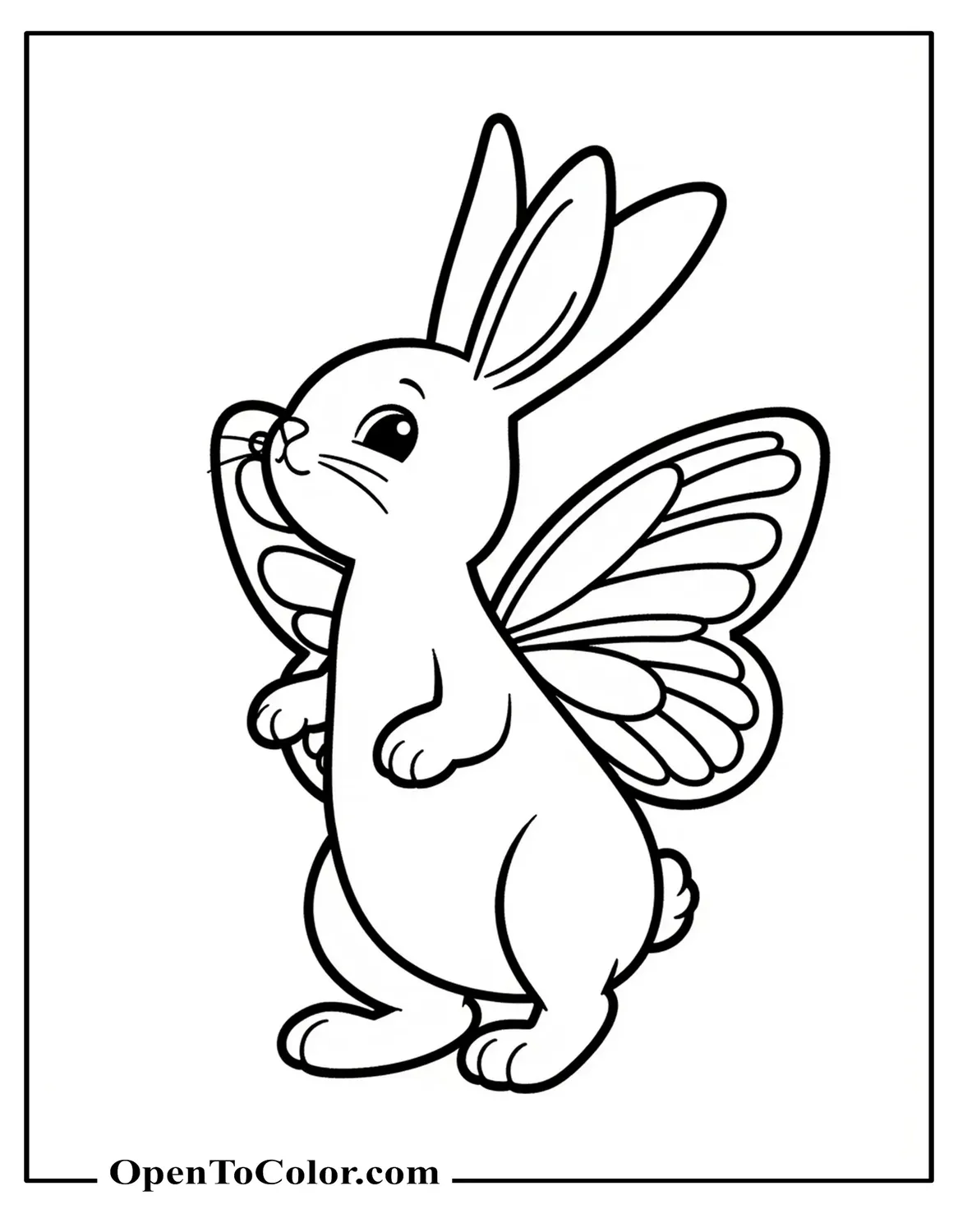 Free Coloring Page of Baby Rabbit Sporting Oversized Butterfly Wings, Looking Upward