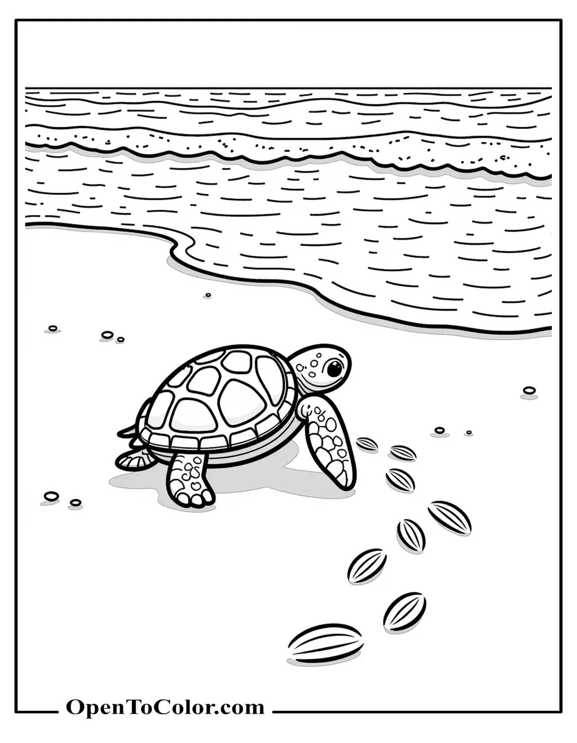 Free Baby Sea Turtle Coloring Sheet Crawling Toward Waves, Leaving Tiny Tracks in Wet Sand