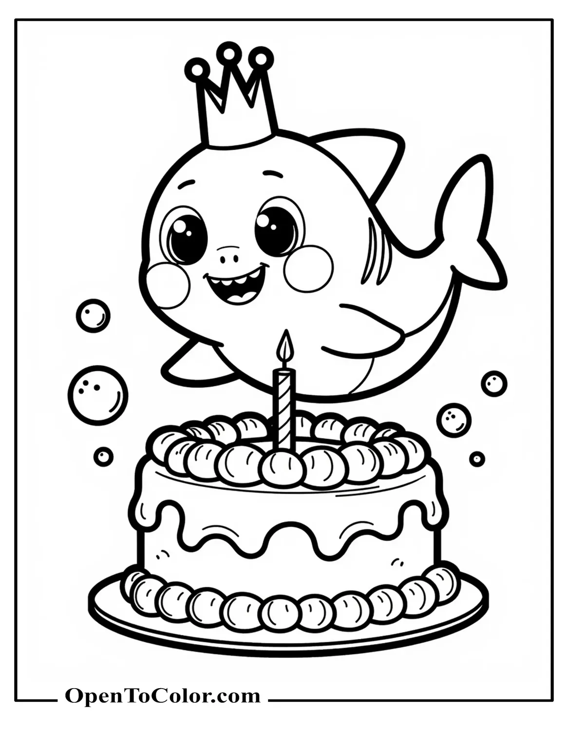 Baby Shark Wearing Birthday Crown Swimming Around Cake With Bubbles Coloring Page PDF