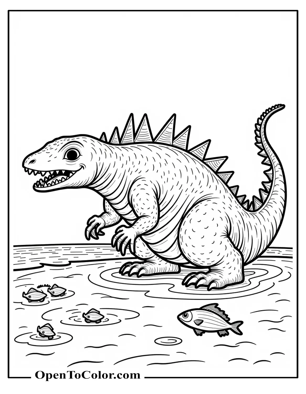 Baby Shin Godzilla Wide-Eyed Early Form Crawling On Shoreline, Scattered Fish, Coloring Page PDF