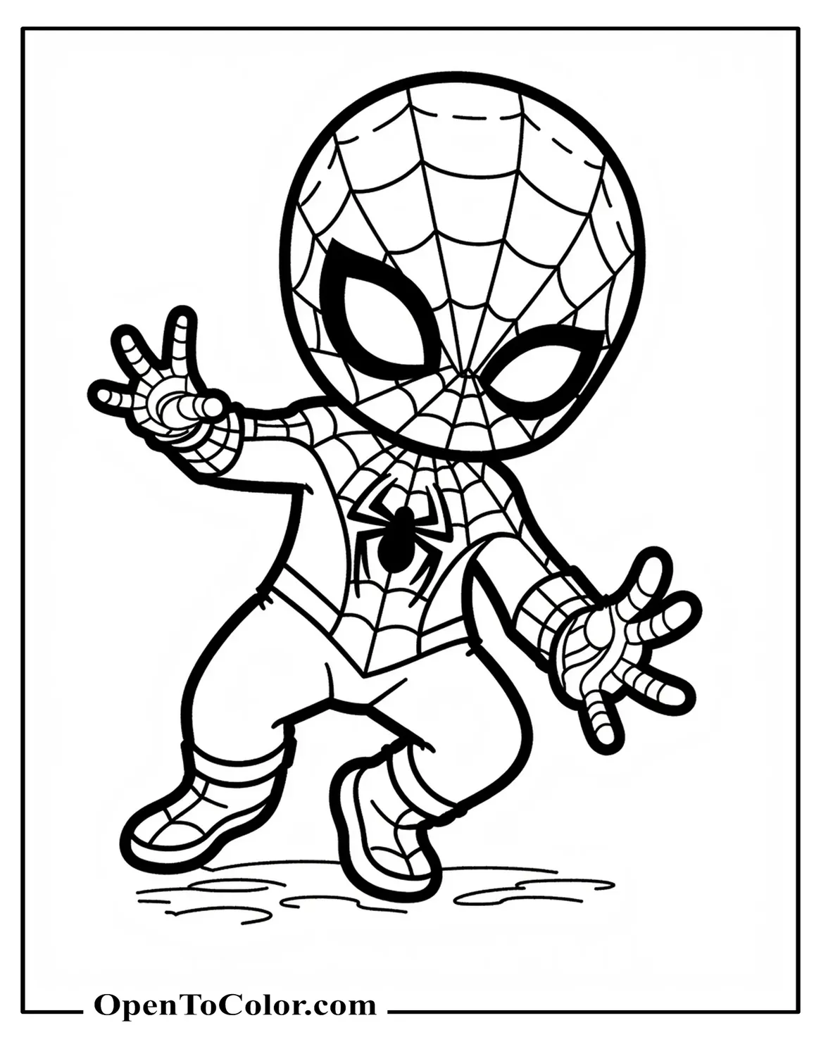Printable Coloring Page of Baby Spiderman Playing With Toy Web