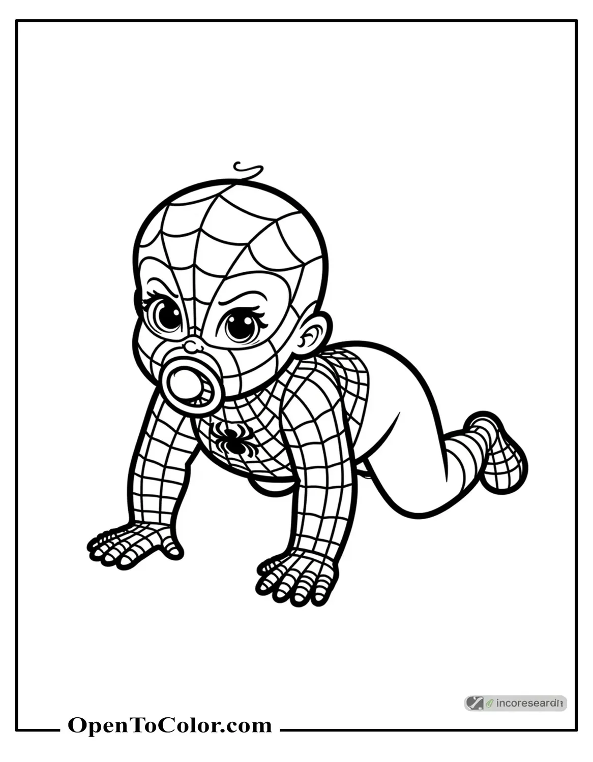 Printable Coloring Page of Baby Spiderman Crawling with Pacifier