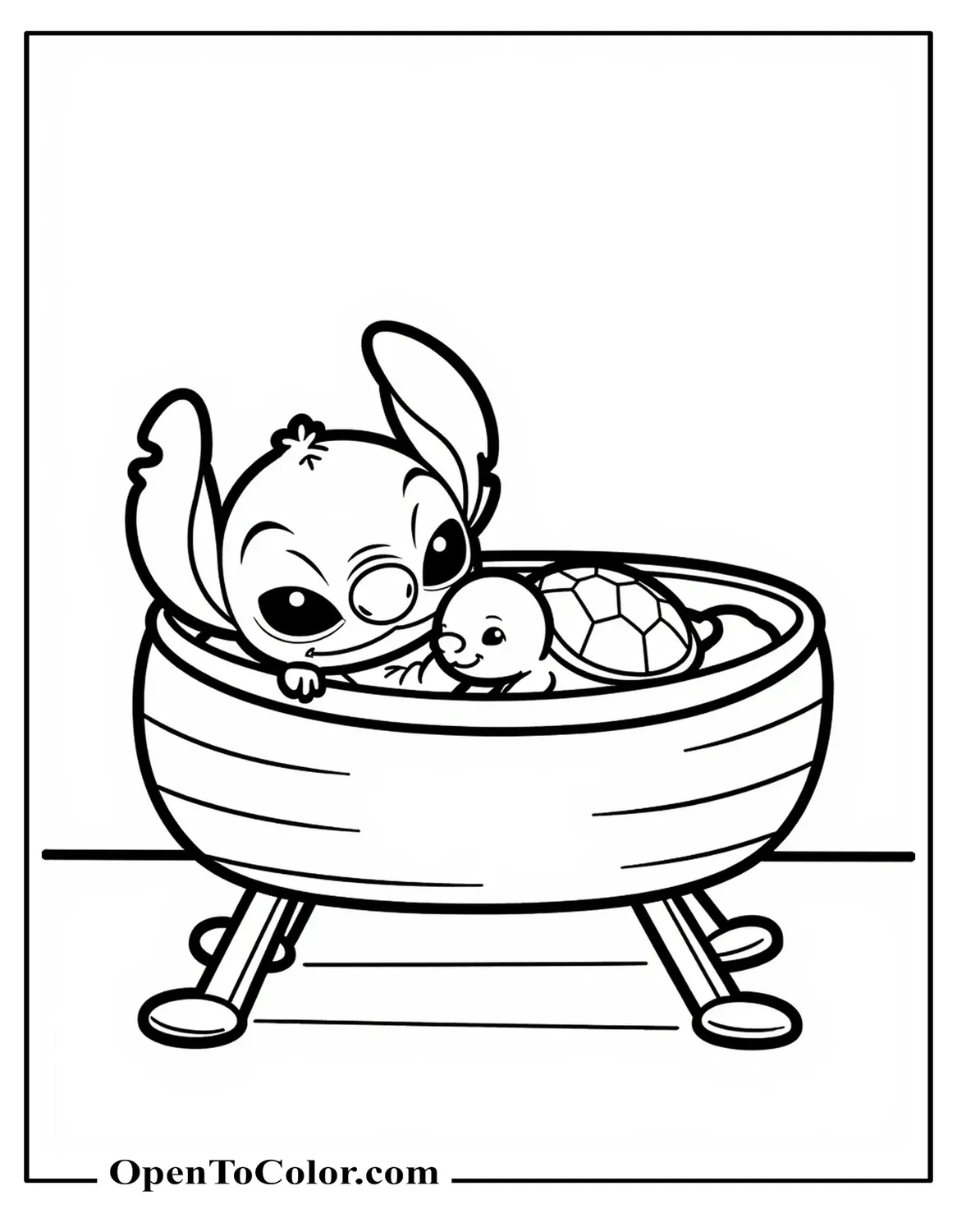 Baby Stitch Sleeping In A Cradle With Stuffed Turtle, Printable Coloring Page