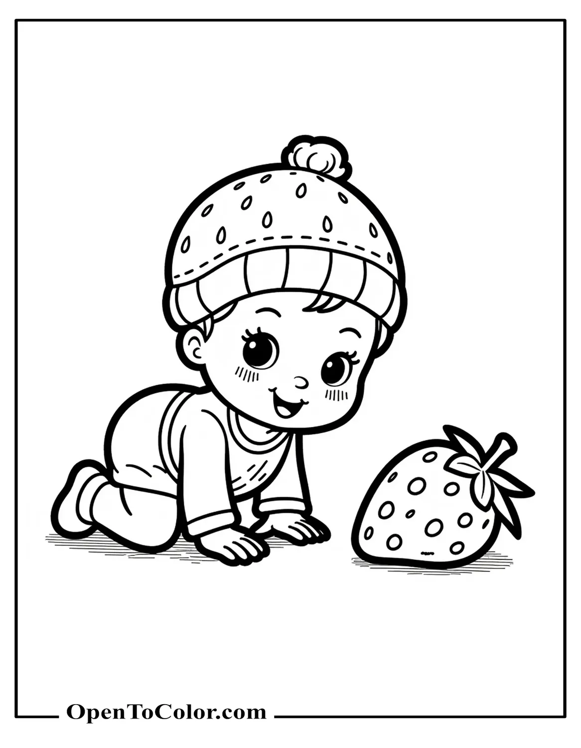 Free Baby Strawberry Shortcake Crawling Toward A Plush Strawberry Pillow Coloring Sheet, Cute Minimal Background