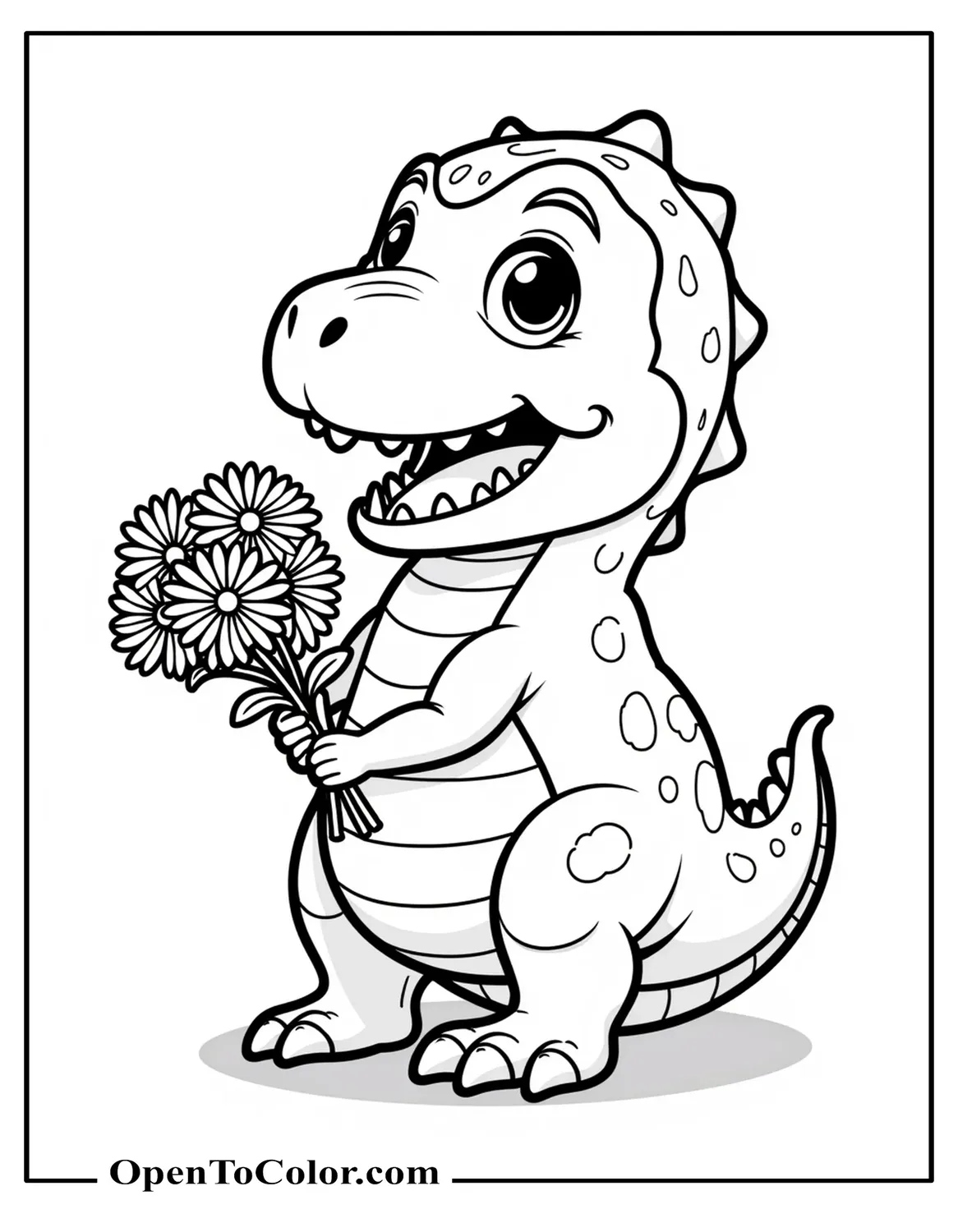 Baby T-Rex Presenting Bouquet Of Daisies Coloring Page PDF