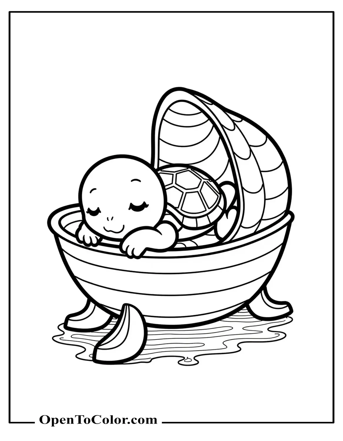 Printable Coloring Page of Baby Turtle Napping Inside a Seashell Cradle, Disney‑Chibi Style