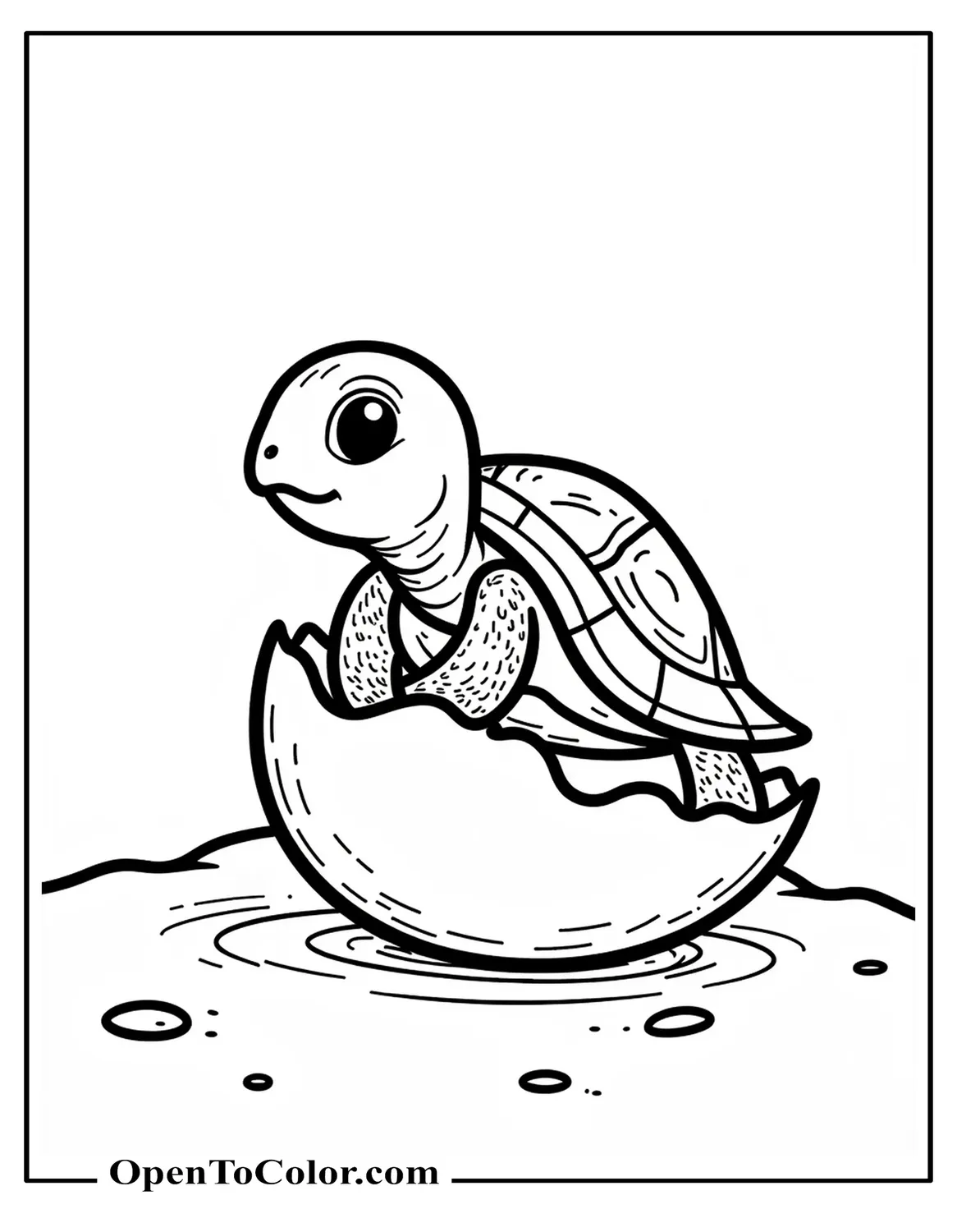 Free Coloring Page of Baby Turtle Hatching from a Cracked Egg on Warm Sand