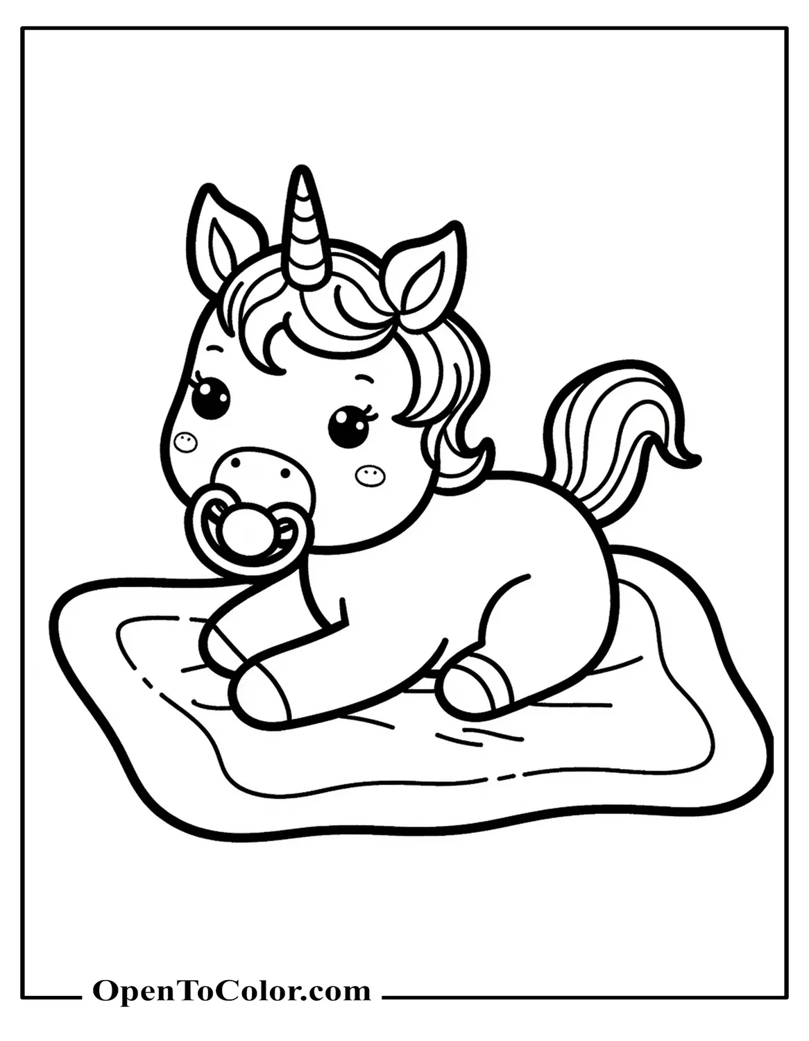 Free Coloring Page of a Baby Unicorn Lying on a Blanket with a Pacifier
