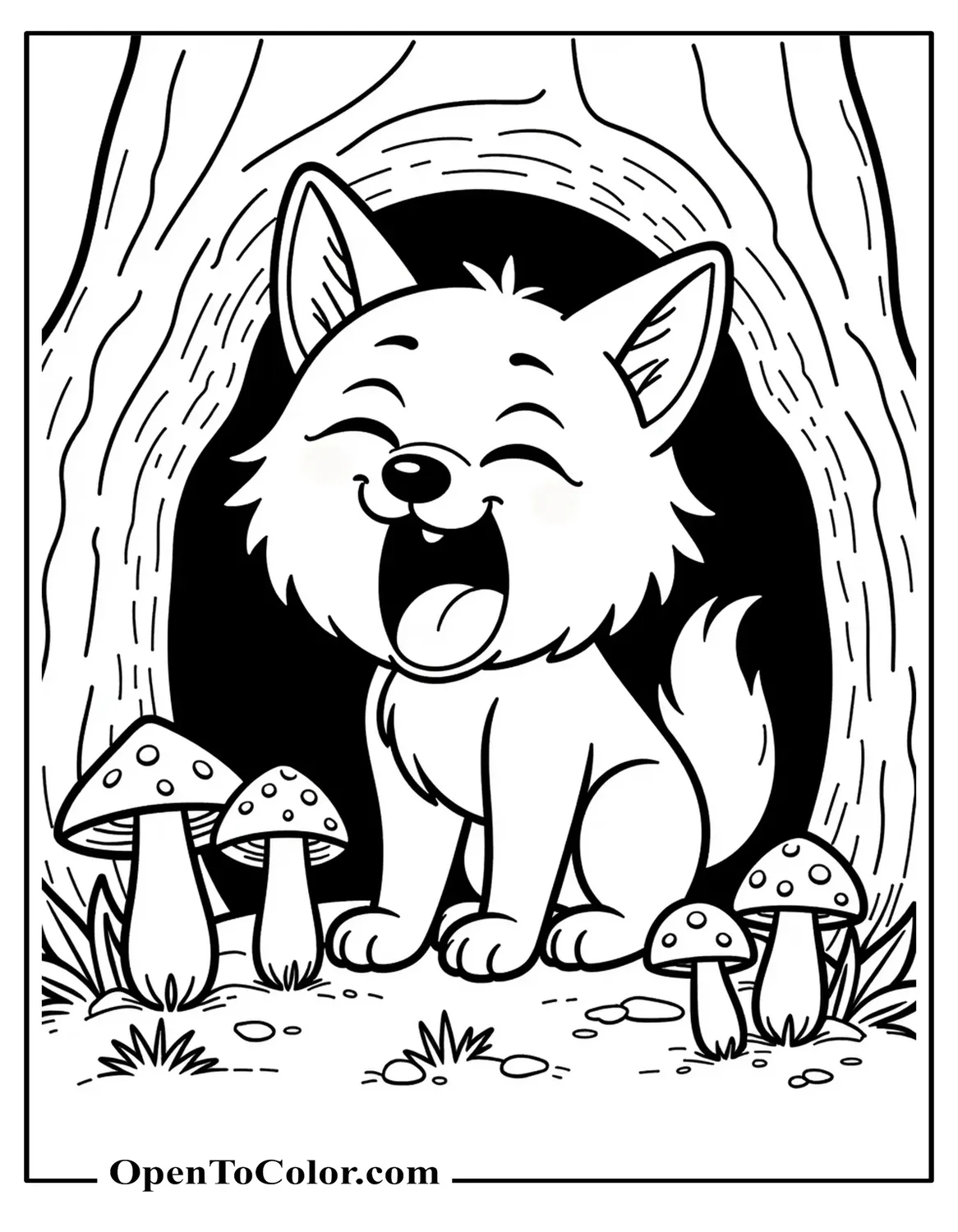 Printable Coloring Page of Baby Wolf Yawning Inside Hollow Log with Tiny Mushrooms, Chibi Style