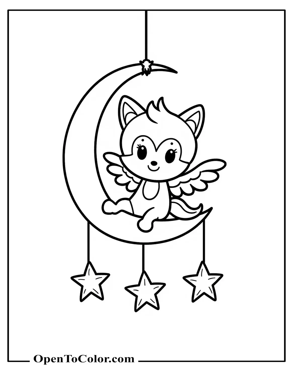 Free Coloring Sheet of Baby Winged Wolf Perched on Crescent Moon Dangling Star Mobile