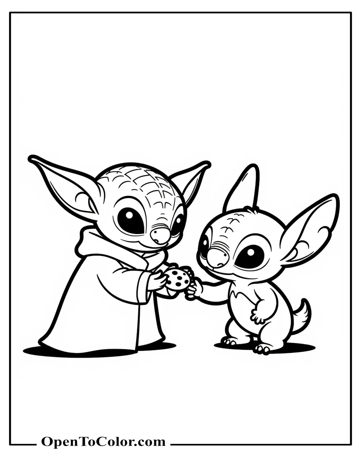 Free Coloring Page of Baby Yoda (Grogu) From Star Wars Handing a Cookie to Stitch (Experiment 626 From Lilo & Stitch), Both in Funko Pop Style