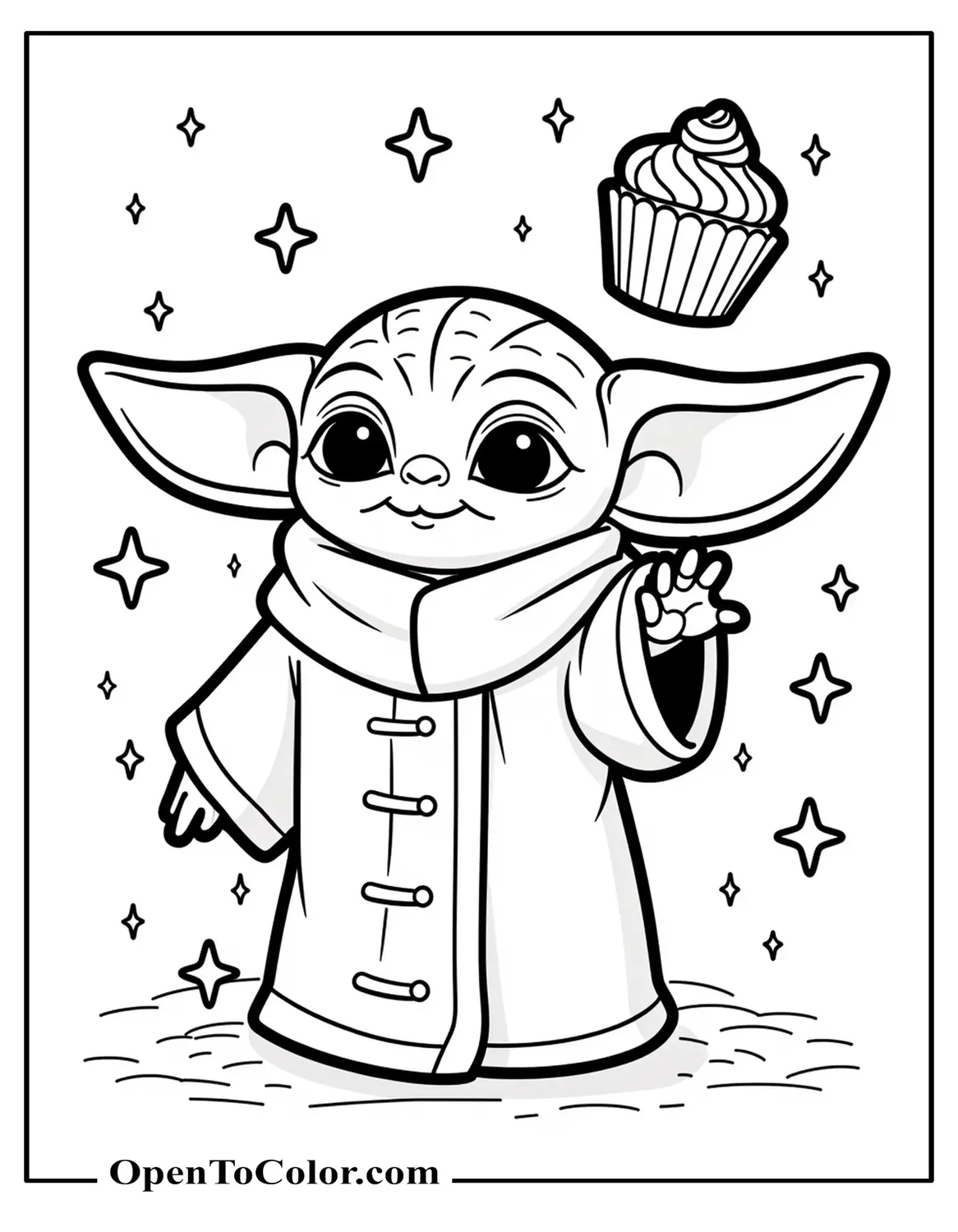 Printable Baby Yoda Coloring Sheet Levitating Cupcake With The Force, Star-Field Backdrop
