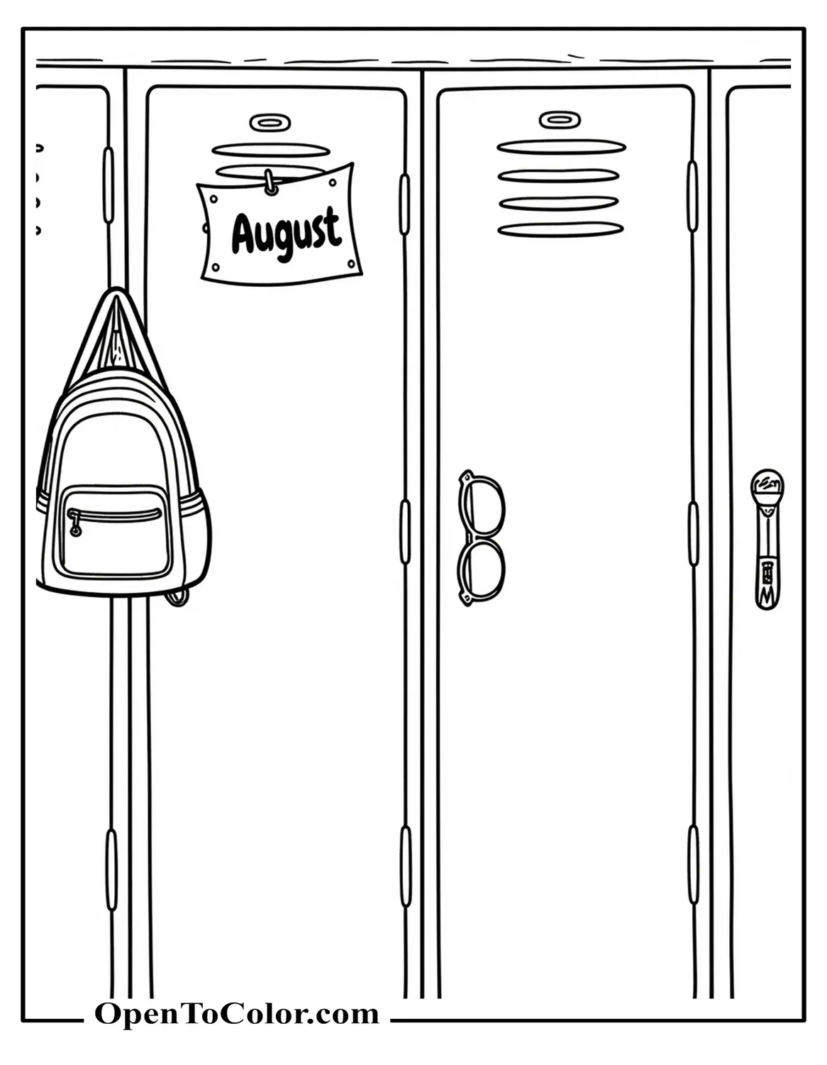 Coloring Page PDF With Empty Page Saying "August", Pinned On Locker Door, Backpack And Sunglasses Hanging, Clean Outline Style