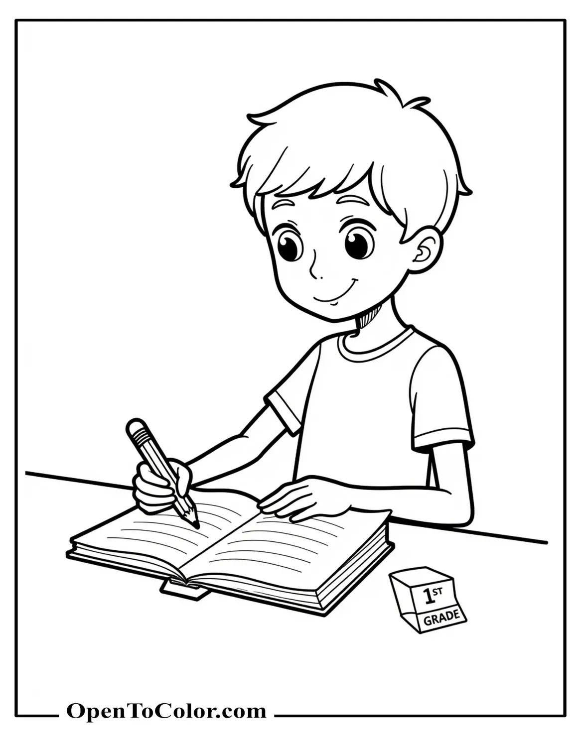 Free Coloring Page of Desk Setup with Oversize No. 2 Pencil and Wide‑Ruled Notebook, Table-Top Label Saying "1st Grade", Tidy Outline Art